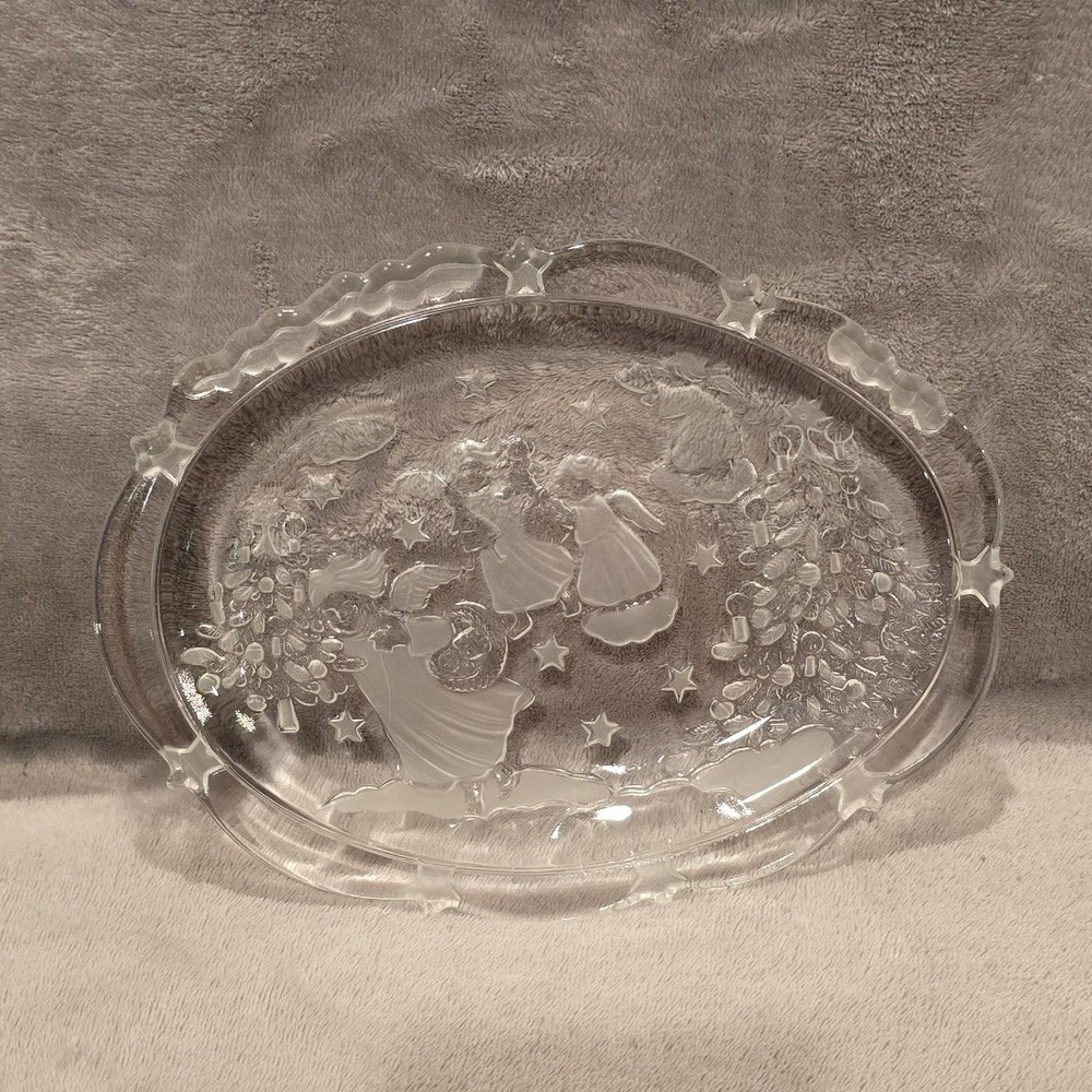 Vintage Christmas Angel Frosted Glass Oval Serving Platter Clear Star Rim Tray
